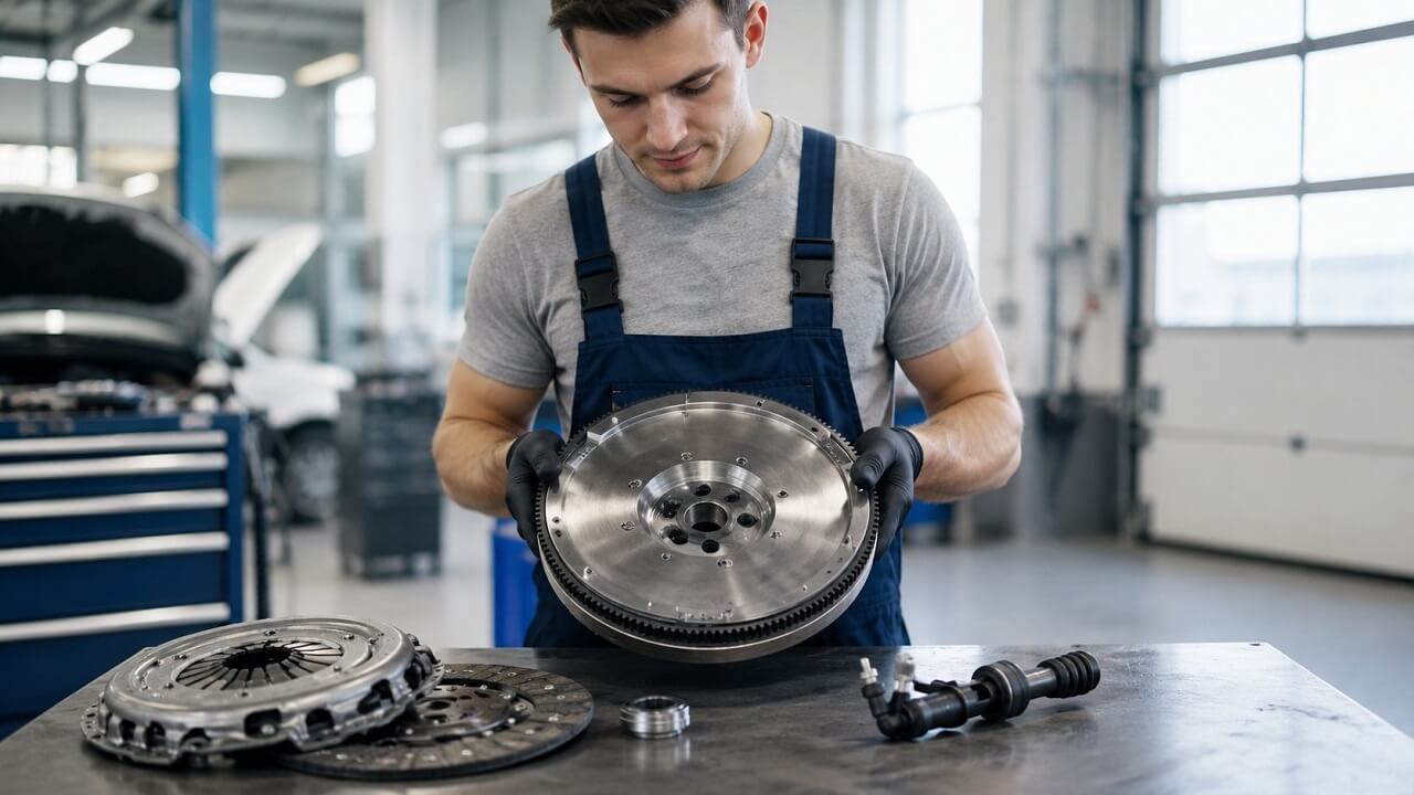 Mehaničar drži plivajući zamajac u auto-servisu