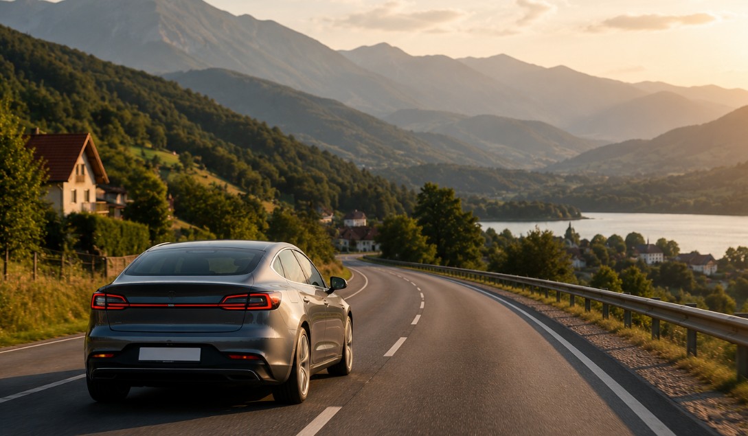 Električni automobil na otvorenom putu kroz planinski kraj, tokom duže vožnje