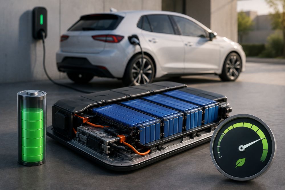 Električni automobil na punjaču pored prikazanog baterijskog paketa, kao ilustracija veze između kapaciteta baterije i dometa