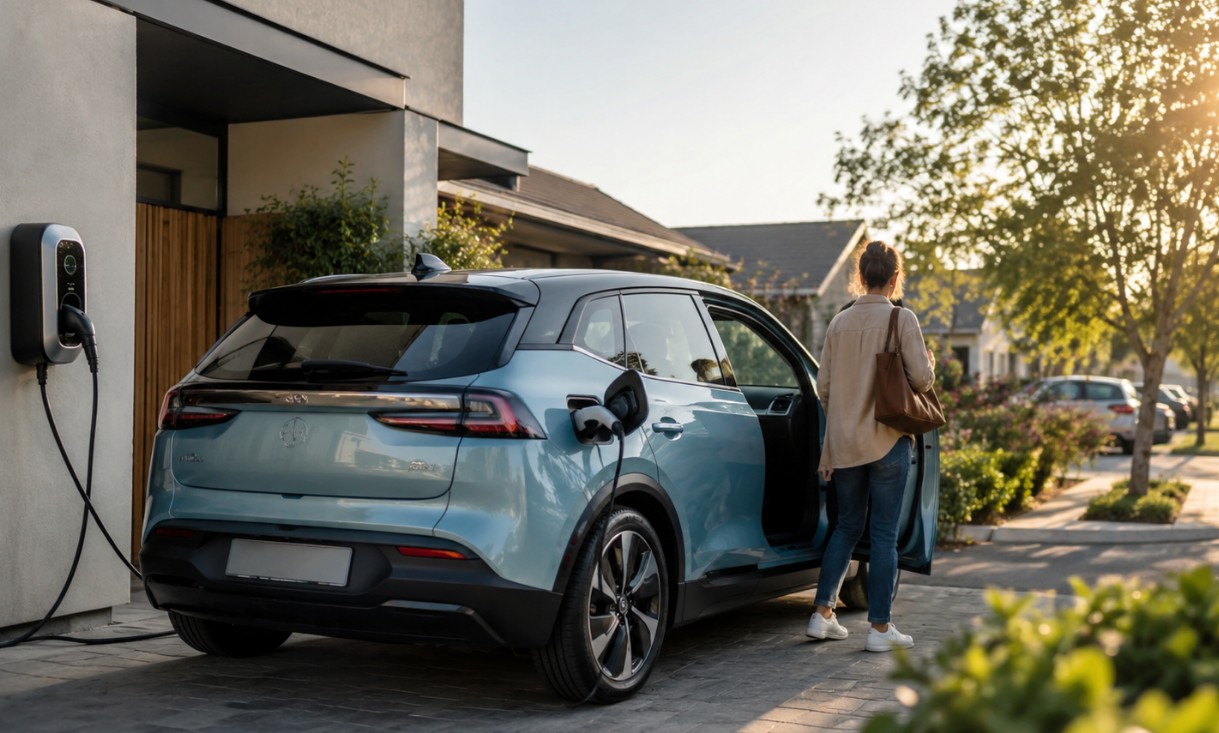 Električni automobil na kućnom punjaču ispred kuće, spreman za svakodnevnu vožnju