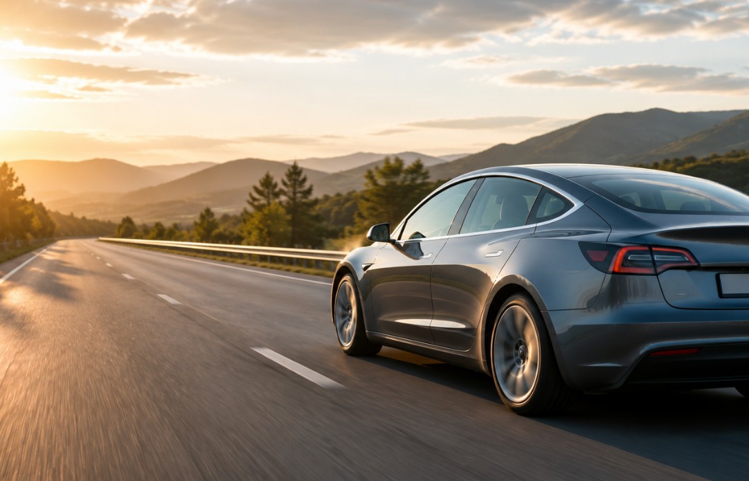 Električni automobil na autoputu tokom duže vožnje kroz planinski kraj