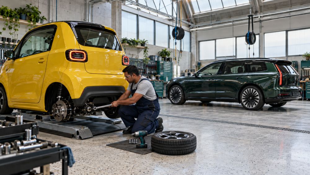 Automehaničar servisira oslanjanje i kočnice malog žutog električnog automobila, dok se drugo električno vozilo nalazi u radionici.