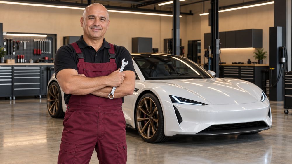 Automehaničar sa ključem u ruci stoji ispred belog električnog automobila u urednoj servisnoj radionici.