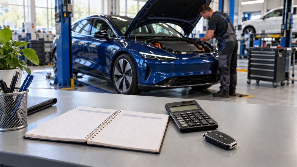 Kalkulator, rokovnik i ključ automobila na servisnom pultu, dok mehaničar pregleda plavi električni automobil.