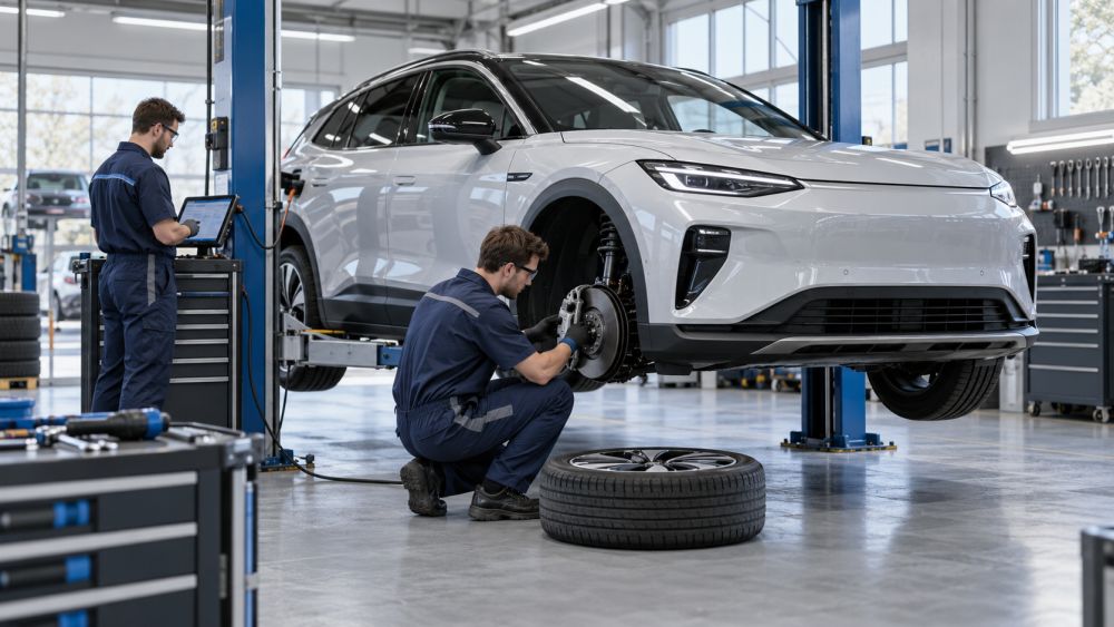 Serviseri pregledaju kočioni sistem i obavljaju dijagnostiku električnog automobila podignutog na dizalici.