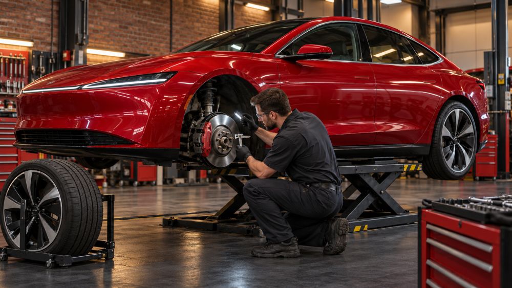 Serviser pregleda kočioni disk i čeljust na crvenom električnom automobilu podignutom u radionici.